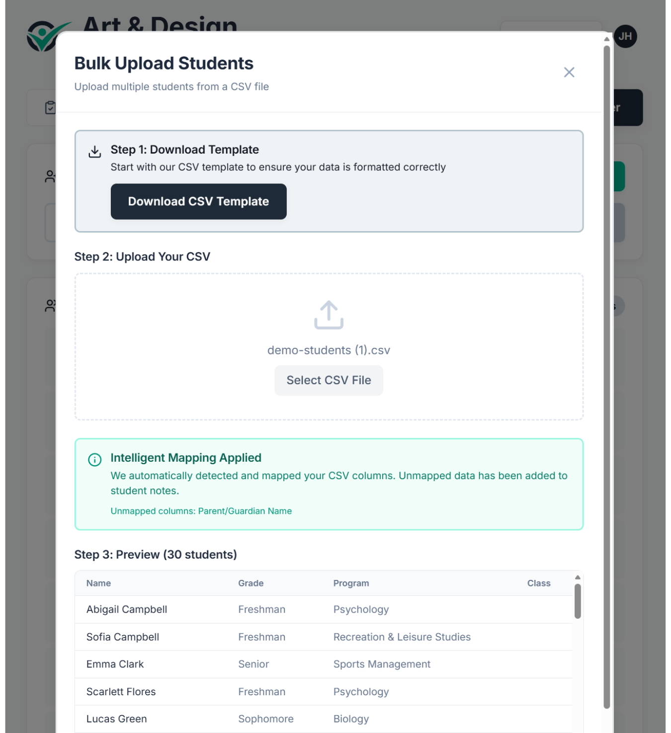 CSV upload interface with intelligent column mapping